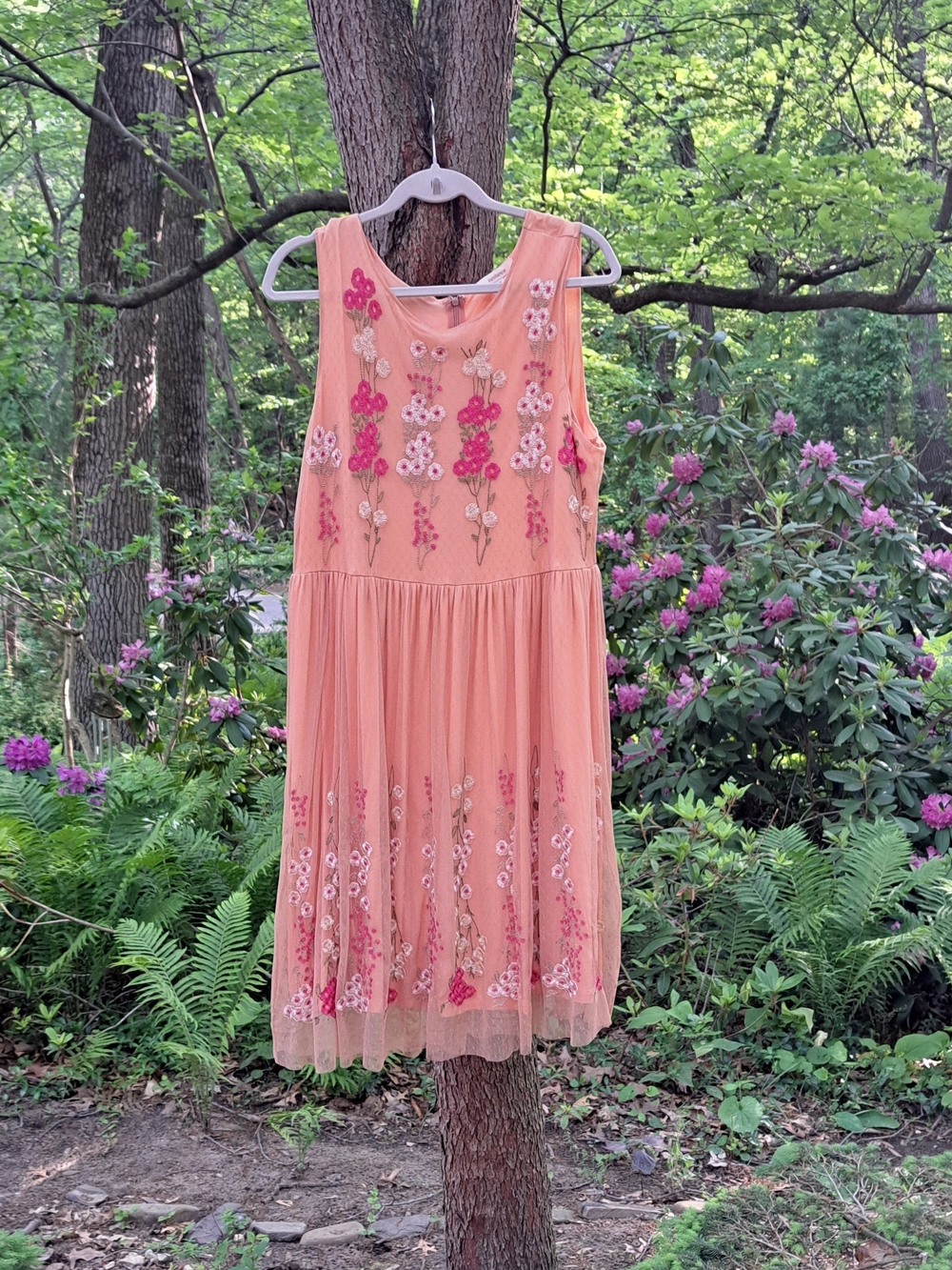Sundance Coral Peach Midi Dress with Pink Floral Embroidery